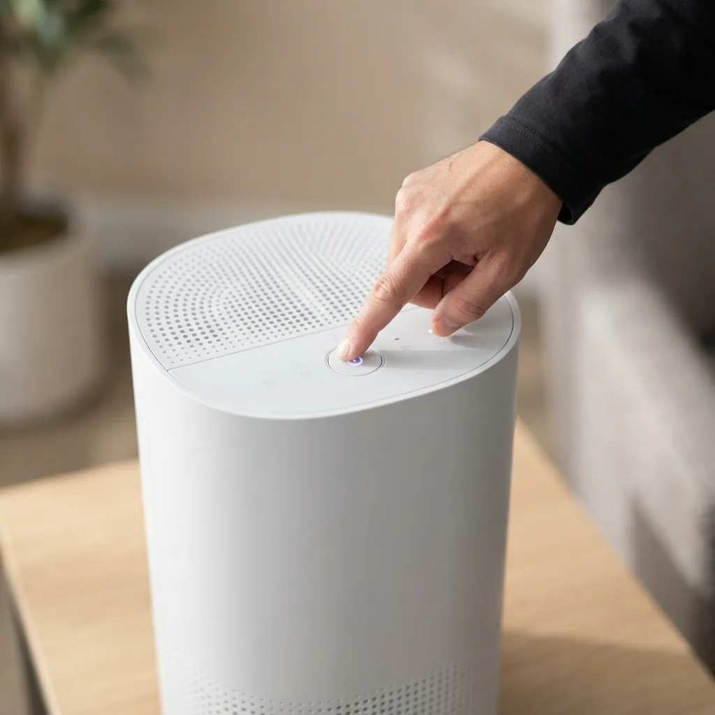An adult's hand pressing the auto mode button on the Winix A231 air purifier