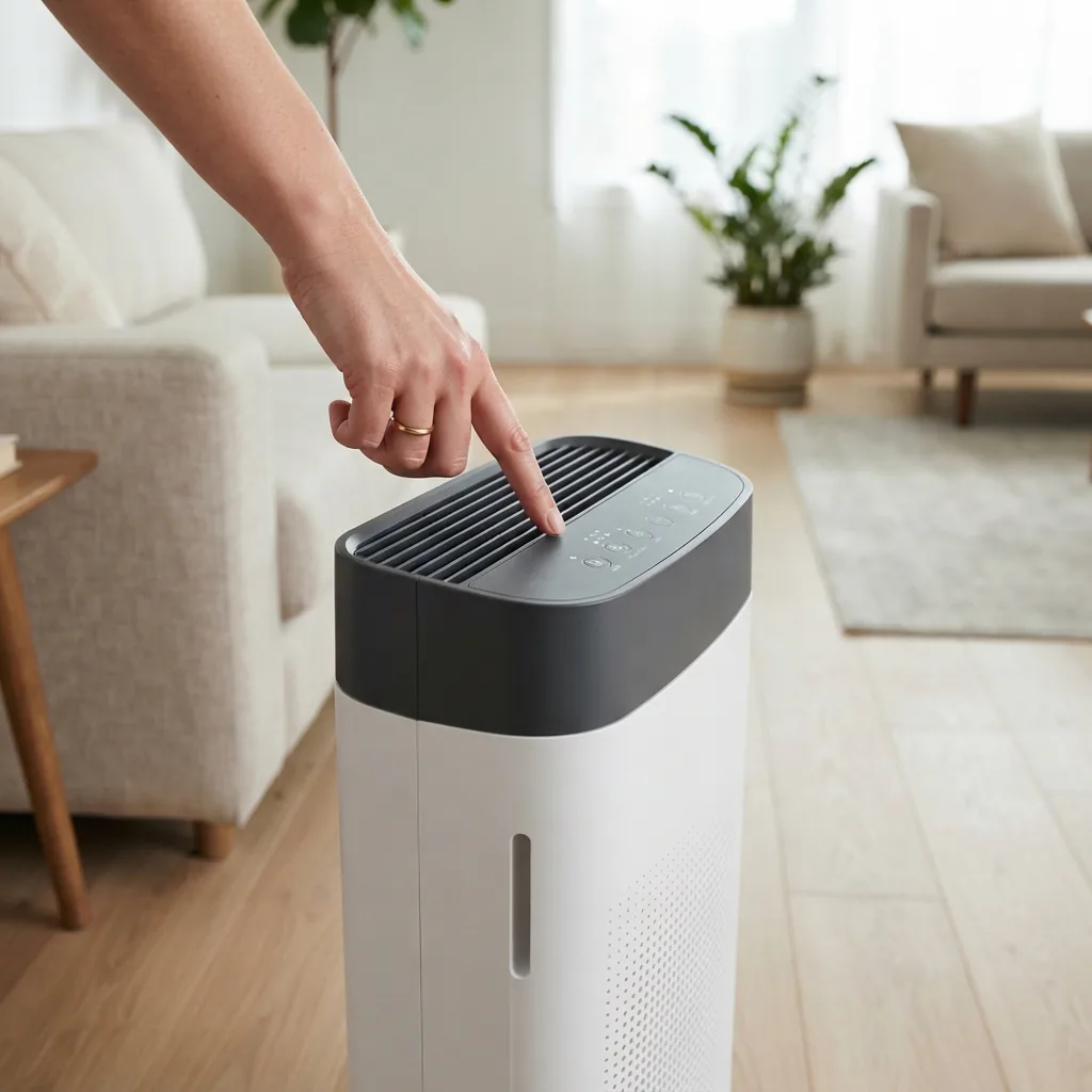 A hand reaching toward the top control panel of a Winix 5520 air purifier