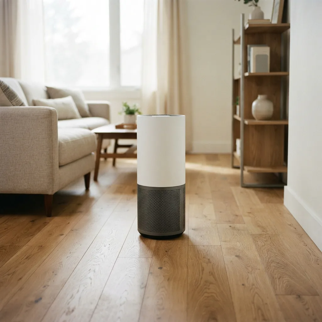 Winix D480 air purifier placed on a hardwood floor with open clearance away from nearby furniture