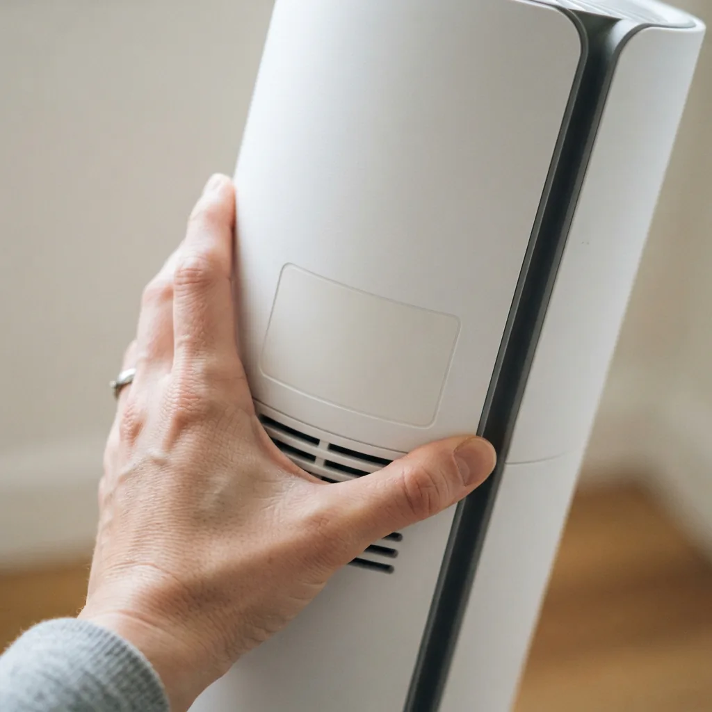 One adult hand steadying the back panel of a white air purifier beside a blank specification label area.