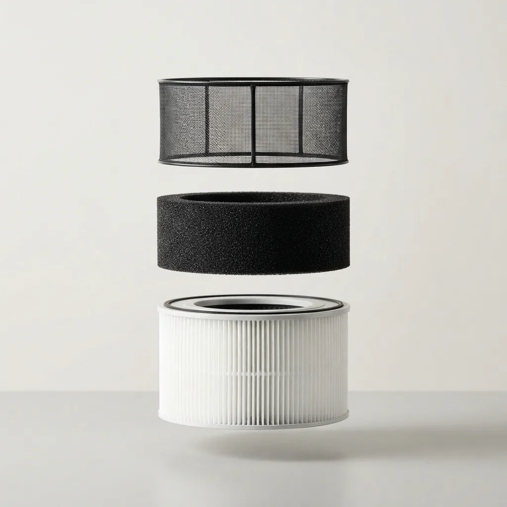 Exploded filter layers showing mesh pre-filter, black carbon layer and white pleated HEPA media