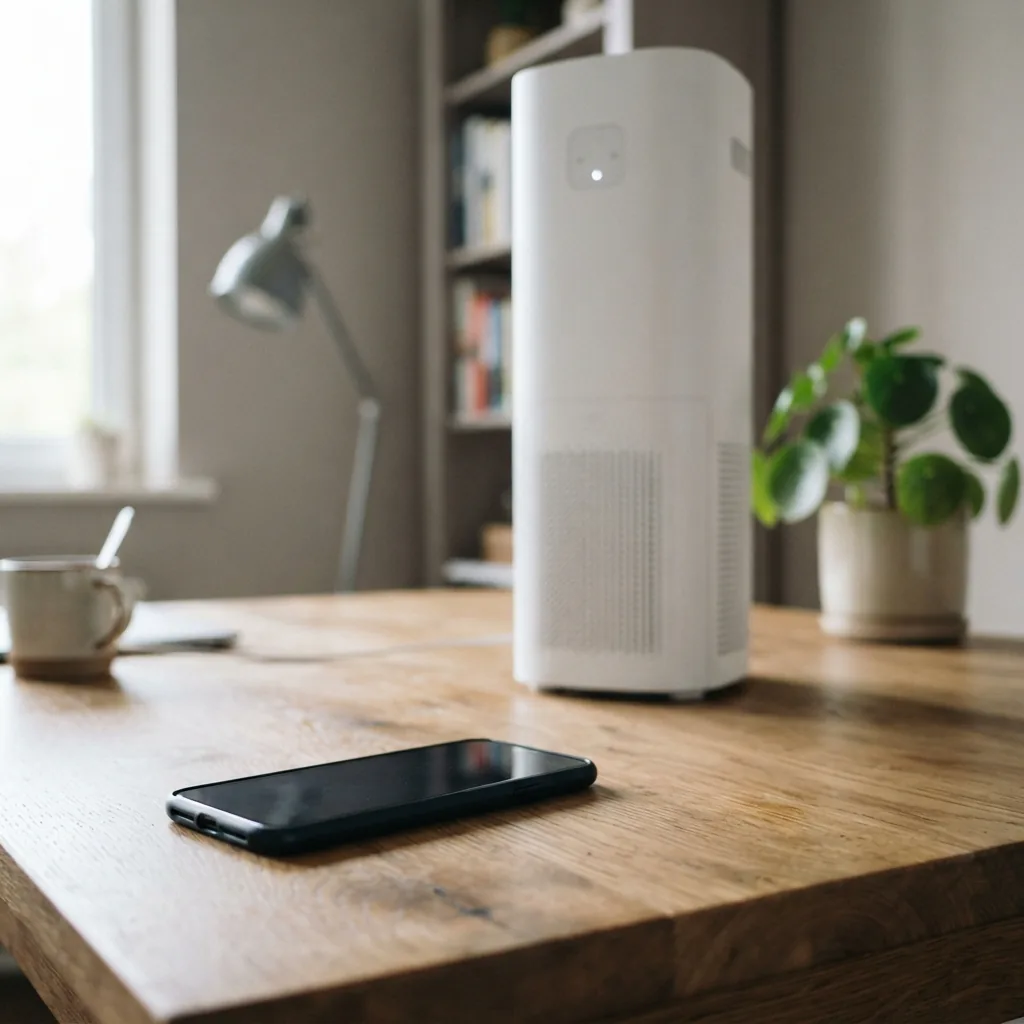 Smartphone resting on a table near a tower air purifier in a home office