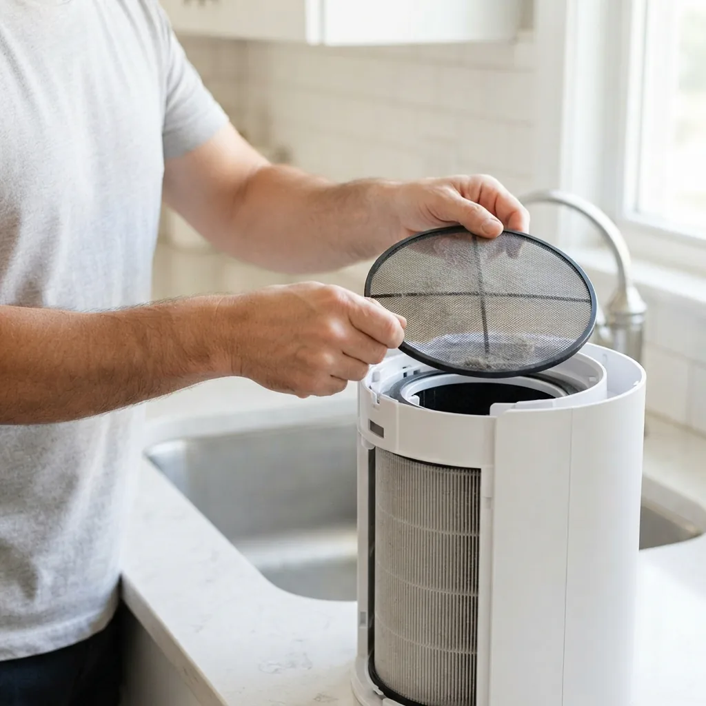 One person vacuuming the fine mesh pre-filter of a Winix C610 air purifier over a sink