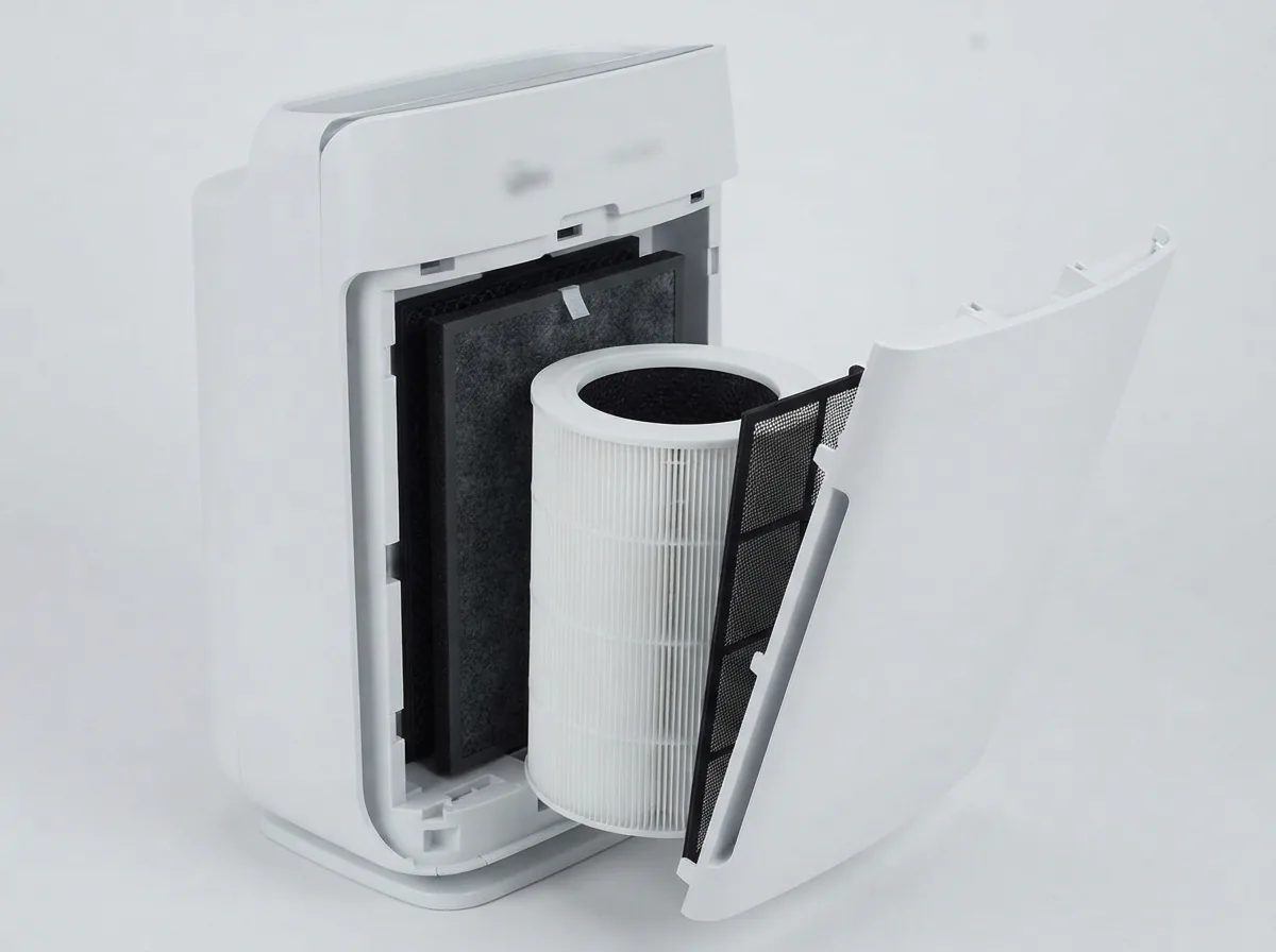 Winix C545 air purifier with its front panel lifted away showing stacked filter layers