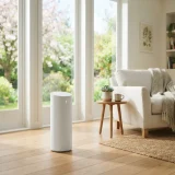 Air purifier running in a sunlit living room with open green views through the window