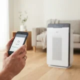 A hand holding a smartphone near a Winix 5520 air purifier in a living room