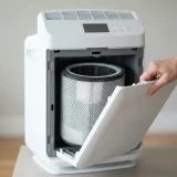 asset_0766fad9df5e5446 Open filter compartment of the Winix C545 air purifier with an adult hand holding the front panel