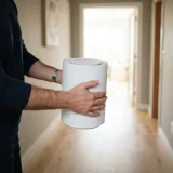 asset_0c08733dbfa788fe Person carrying the compact white Winix T500 air purifier through a hallway between rooms