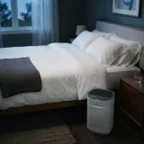 A made bed with a folded blanket and a Winix A230 air purifier running on the nightstand in a dim bedroom