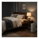 asset_0ed49fc2a4de62d9 A tidy bedroom at night with an air purifier glowing softly beside the bed