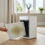 White pleated filter half withdrawn from an open purifier filter bay near a bright window