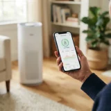 Adult hand holding a smartphone showing an air quality screen near a Winix AM90 air purifier