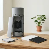 asset_121d713dad6c72ca Grey tower air purifier on a table with its front panel removed and the fresh filter set laid out beside it