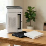 asset_13cd98c7eae3c5b4 Winix 9800 air purifier on a table with a spare filter set arranged in front of it