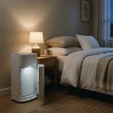 White air purifier running beside a neatly made bed with its filter door slightly ajar