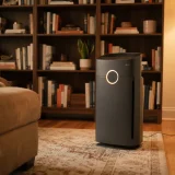 asset_184a04f997ba84a9 Winix 9800 air purifier with a glowing air quality indicator ring in a living room