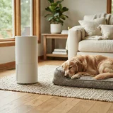 asset_1ccdaa67e7d45aa3 Air purifier on a living room rug near a resting dog