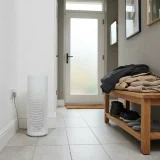 asset_1eaf2009ec13eb3a An air purifier placed near a home entryway with coats, shoes and daylight.