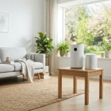 Air purifier with a spare filter in a bright living room during spring