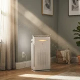 asset_200eda3d54c45eb7 Winix C610 air purifier indicator glowing as fine dust drifts through a sunbeam