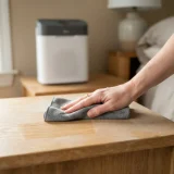 An adult hand wiping a light oak nightstand surface with a microfiber cloth near a Winix A230 air purifier