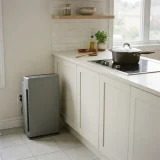 A Winix air purifier on a kitchen floor beside a counter with a covered pan on the hob