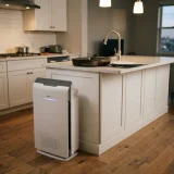 A Winix 5300-2 air purifier on a wooden floor near an open-plan kitchen counter after cooking, with fresh clear air
