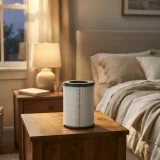 Compact filter cartridge on a nightstand in a softly lit bedroom at night