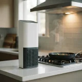 asset_2c8b9d765090384d Winix D480 air purifier on a kitchen counter next to a stovetop with faint steam rising