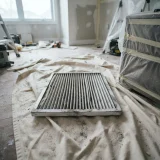 asset_2cf4a907cb1d73e3 Filter with dust on its pleats on a drop cloth near taped furniture and construction dust