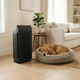Winix 5510 air purifier on the floor beside a dog bed and a resting dog in a bright living room