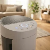 asset_3066718e1a2e685e Close view of the Winix C545 air purifier control area glowing softly in a living room