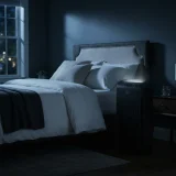 A Winix 5300-2 air purifier running beside a bed at night with its control panel lights switched off