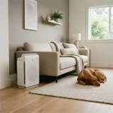 A Winix C610 air purifier running in a living room beside a dog resting on a rug