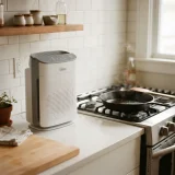 A Winix C610 air purifier on a kitchen counter beside a cooling pan on the stovetop