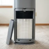 asset_33f2f88a8eb27b02 Replacement filter set seated neatly inside the open front panel of a grey tower air purifier