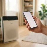 asset_37d4e8fdec44416b An adult hand holding a smartphone near a Winix 9800 air purifier in a living room