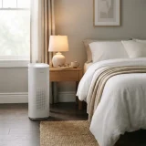 Winix AM90 air purifier running beside a nightstand in a softly lit bedroom