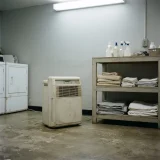 Older boxy air purifier on a laundry room floor beside a plain utility shelf