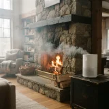 A fireplace with a low smoke drift in a living room, a white air purifier running nearby.