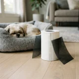White pleated filter and black carbon sheet beside a pet bed with a small dog resting behind
