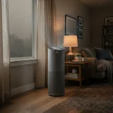 asset_3c9d9f2f7b92ff31 Grey tower air purifier running in a living room with hazy grey light at the window