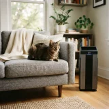 A cat sitting on a sofa with a Winix 5300-2 air purifier running on the floor nearby