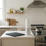 Slim white air purifier on a kitchen counter with a carbon filter sheet resting beside it
