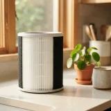 A new Winix Filter Z canister on a sunlit kitchen counter with a houseplant and mug suggesting months of use