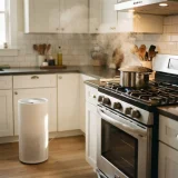 asset_4acde0903ea3f20d Air purifier on the kitchen floor while steam rises from a pot on the stove