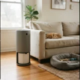 asset_4b7f499aa99a7420 Grey tower air purifier on the floor beside a light sofa where a cat is resting