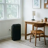 Winix 5510 air purifier beside a wooden desk and chair in a bright home office workspace