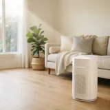 asset_4eb2cf9023d86744 Winix C545 air purifier running in a sunlit living room with dust motes visible in a light beam