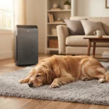 A golden retriever lying on a rug near a Winix 5300-2 air purifier in a family living room